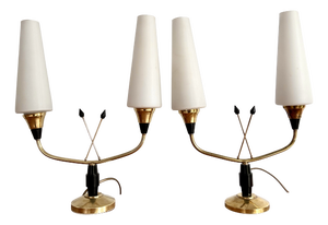 Vintage Table Lamps in Brass and Opaline, 1950s, Set of 2