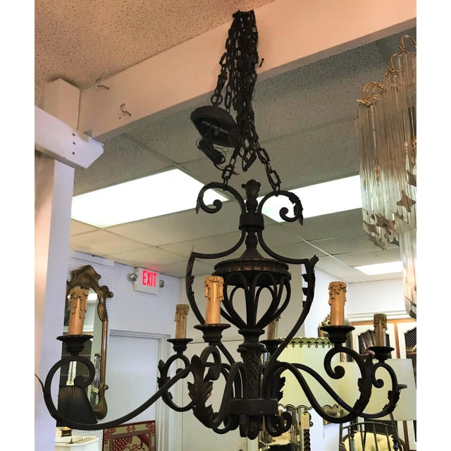 Vintage Iron Chandelier With 6 Lights and Acanthus Leaf Detail For Sale - Image 9 of 9