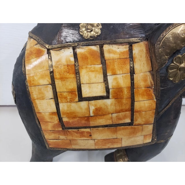 Indian Traditional Wedding Style Wood Elephant Statue With Brass & Bone Accents (1960s/1970s) For Sale - Image 4 of 9