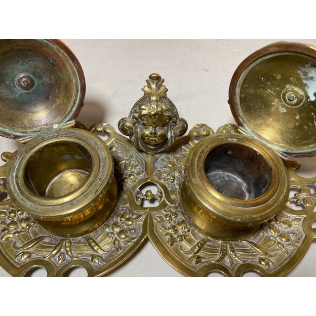 19th Century Antique Ornate 1800's Victorian Cherub Gilt Bronze Brass Desk Inkwell Stand Tray For Sale - Image 5 of 10