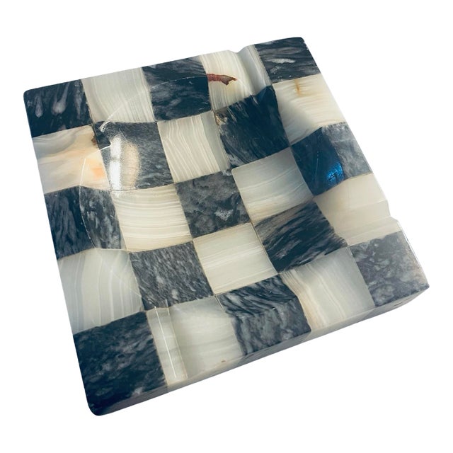 Large Alabaster Checkered Vintage Ashtray For Sale