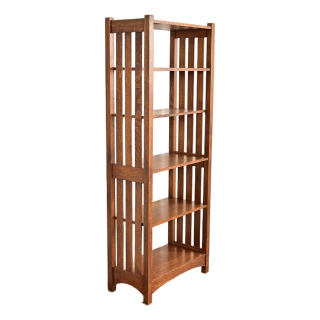 Stickley Mission Oak Arts & Crafts Slatted Tall Bookcase For Sale