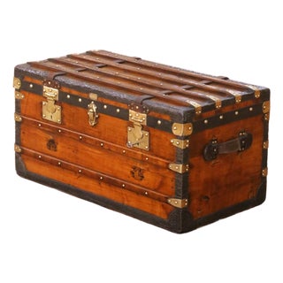19th C. French Parisian Travel Trunk Coffee Table With Brass and Iron Hardware For Sale