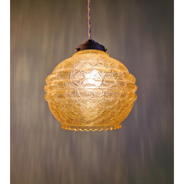 Art Deco Pendant Lights in Amber Cracked Glass, 1920s, Set of 3 For Sale - Image 6 of 13