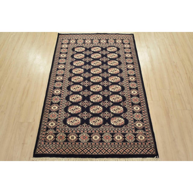 Tribal Bokhara Rug 4’1” X 6′ Blue Wool Tribal Hand-Knotted Oriental Carpet For Sale - Image 3 of 12