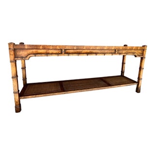 1970s Drexel Heritage Sofa Console Table With Burled Wood Top and Caned Shelf For Sale