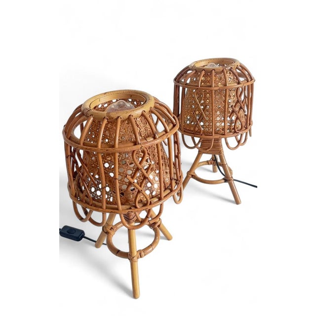 Tan French Riviera Rattan and Cane Table Lamps by Franco Albini, 1960s, Set of 2 For Sale - Image 8 of 14