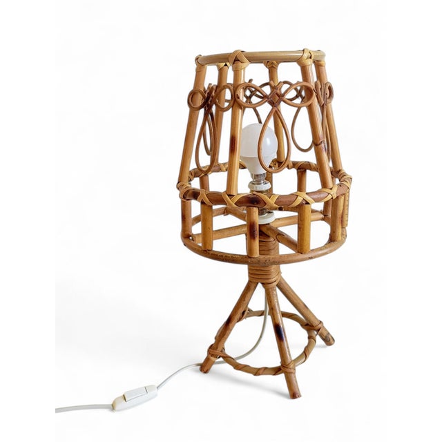 Mid-Century Bamboo Rattan Table Lamp in the style of Louis Sognot, 1960s For Sale - Image 9 of 15
