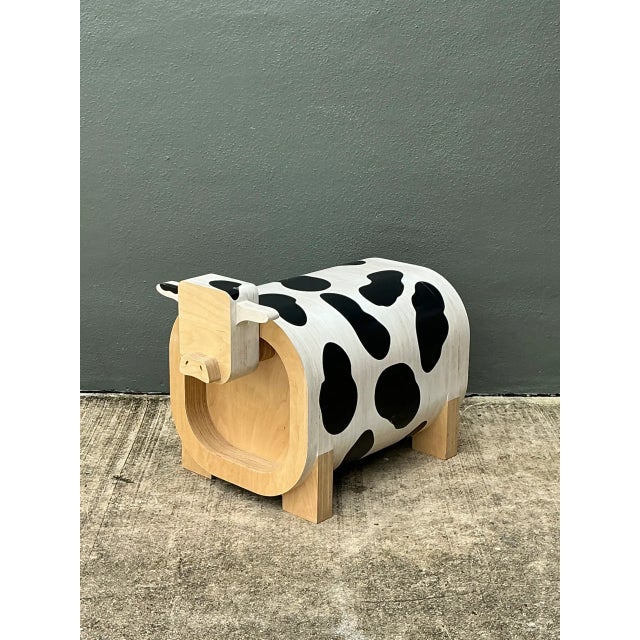 Folk Art Vintage Sculptural Wood Cow Low Stool For Sale - Image 3 of 14