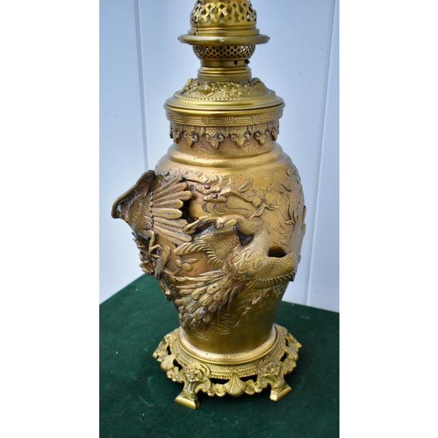 Brass Antique Ornate Solid Brass Bird of Pardise Converted to Electric Lamp For Sale - Image 8 of 12
