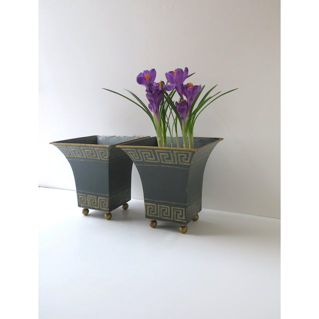 Dark Green Italian Greek-Key Planters Potholders Cachepots Jardinières, Pair For Sale - Image 8 of 15