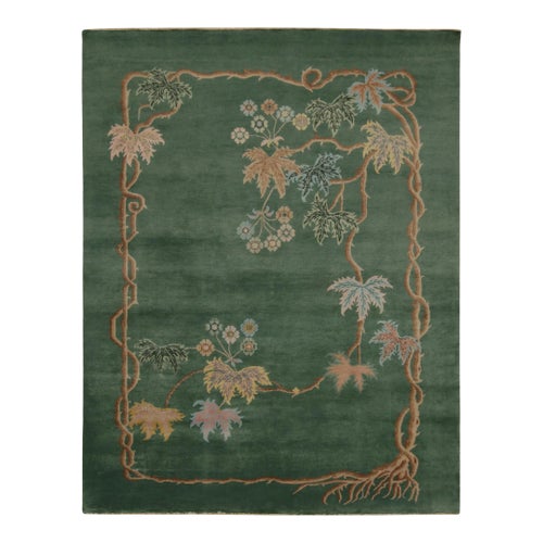 Rug & Kilim Chinese Style Art Deco Rug in Green with Brown & Blue Floral Patterns - 12'x18'