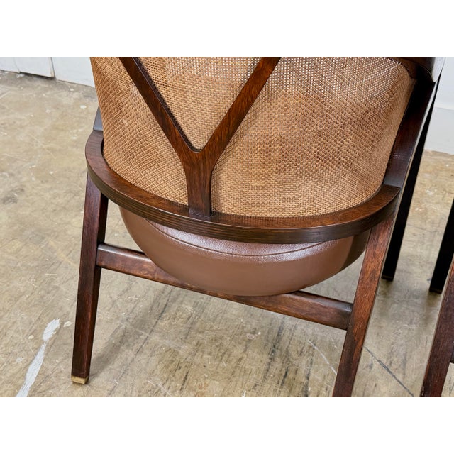1950s Edward Wormley for Dunbar Y Back Captains Chairs - Mid Century Rosewood + Leather + Cane For Sale - Image 5 of 12