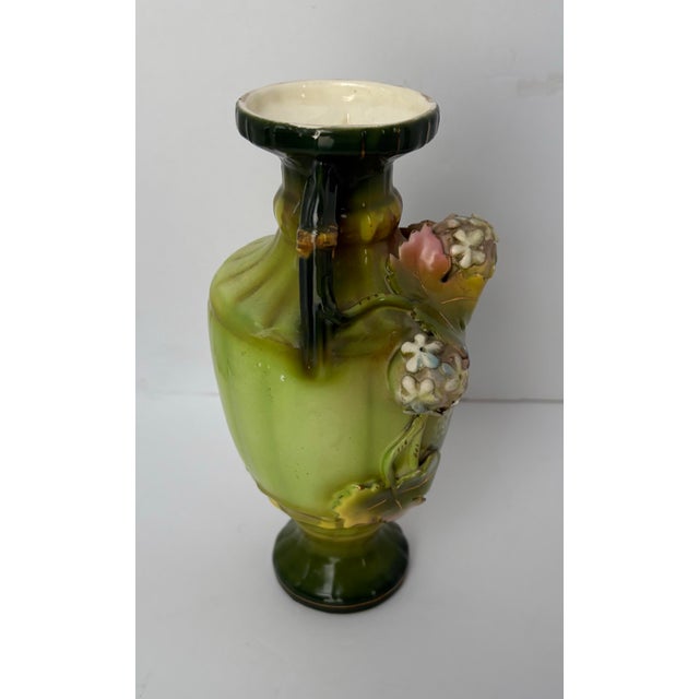 Baroque Antique Art Nouveau Majolica-Style Green Floral Vase With Twin Handles, Circa 1900 For Sale - Image 3 of 9