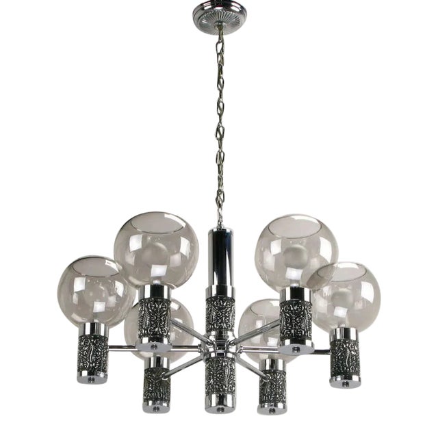 Chrome & Smoked Glass Chandelier With Foliate Relief Detail For Sale