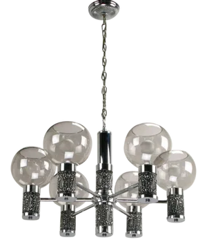 Chrome & Smoked Glass Chandelier With Foliate Relief Detail