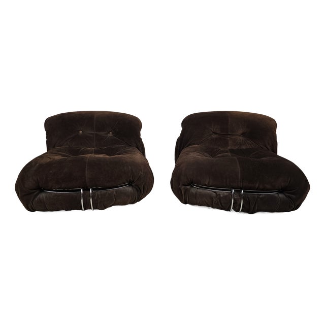 Set of Soriana Lounge Chairs in Brown Nubuck by Tobia and Afra Scarpa for Cassina, 1960s For Sale