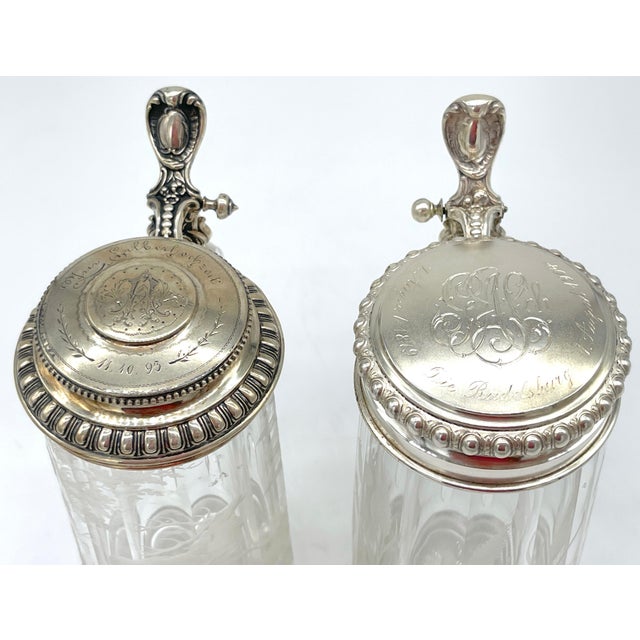 Metal Two Bohemian Engraved Glass Stag & Clover Motif .800 Silver Mounted Steins For Sale - Image 7 of 12