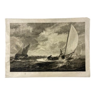 Antique Nautical Seascape Circa 1919 Maritime Engraving Print, Sailboats in Rough Seas For Sale
