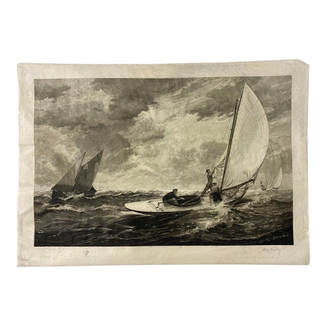 Antique Nautical Seascape Circa 1919 Maritime Engraving Print, Sailboats in Rough Seas For Sale
