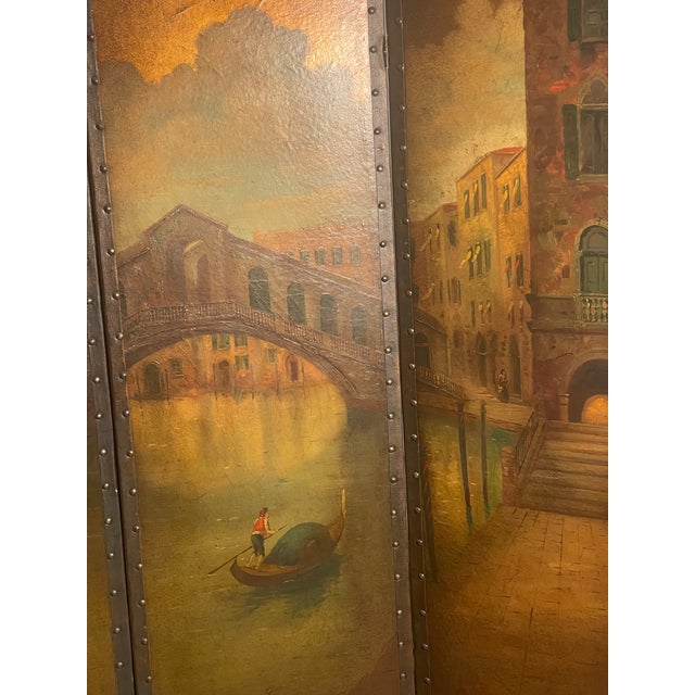Antique Italian Ponte Rialto Handpainted Parchment Leather Floor Screen For Sale - Image 18 of 18