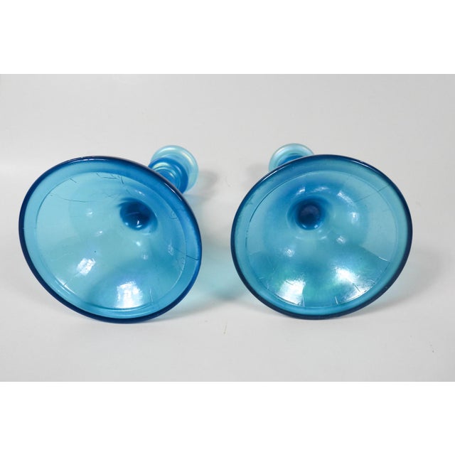 Art Nouveau Vintage Iridescent Blue Glass Candlesticks - A Pair For Sale - Image 3 of 5