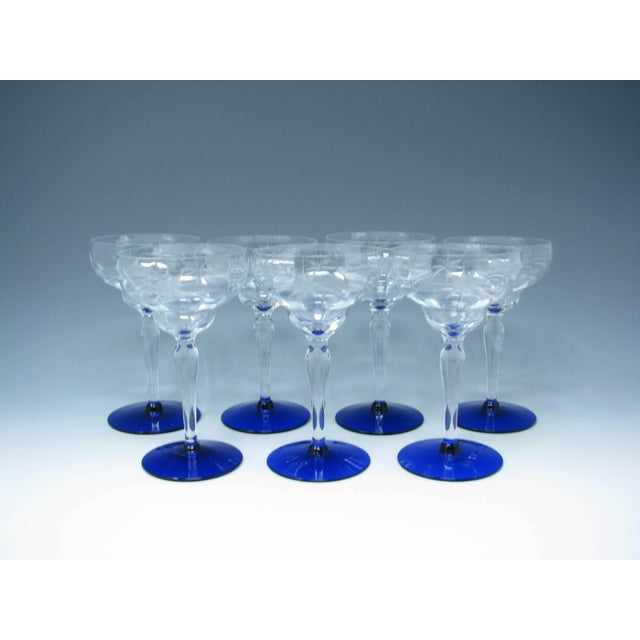 Blue Vintage 1930s Weston Cut Glass Liquor Cocktail Goblets With Floral Design and Cobalt Foot - 7 Pieces For Sale - Image 8 of 13