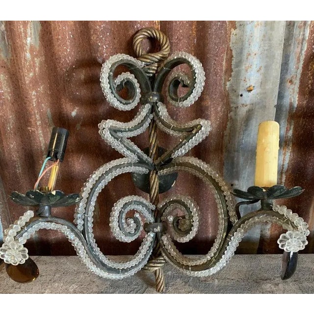 Italian Crystal & Brass Rope Frame Sconces - A Pair For Sale - Image 4 of 9