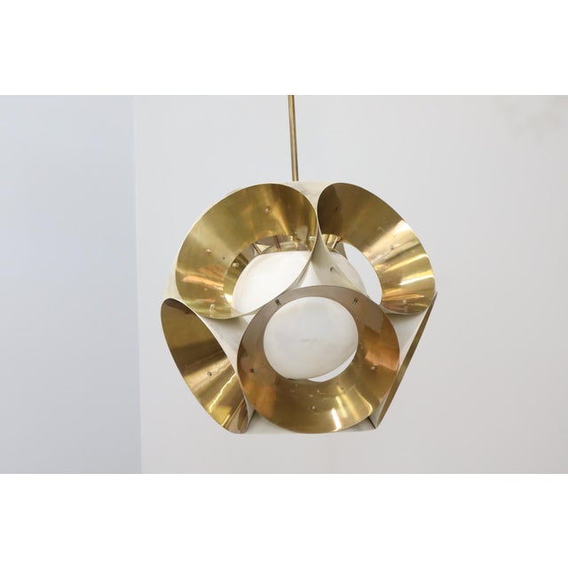 Pendant lamp manufactured by Arredoluce, circa 1963. Technique: Satin glass, brass, painted brass, I have official proof...