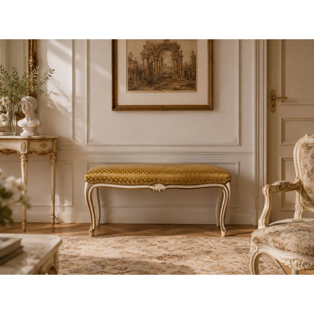 Elegant vintage upholstered bench by Karges Furniture, crafted in a refined Louis XV-inspired design. The carved wood...