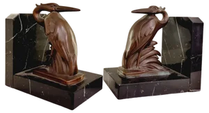 Art Deco Spelter on Marble Bookends with Cranes by Maurice Frecourt, France, 1920-1930s, Set of 2