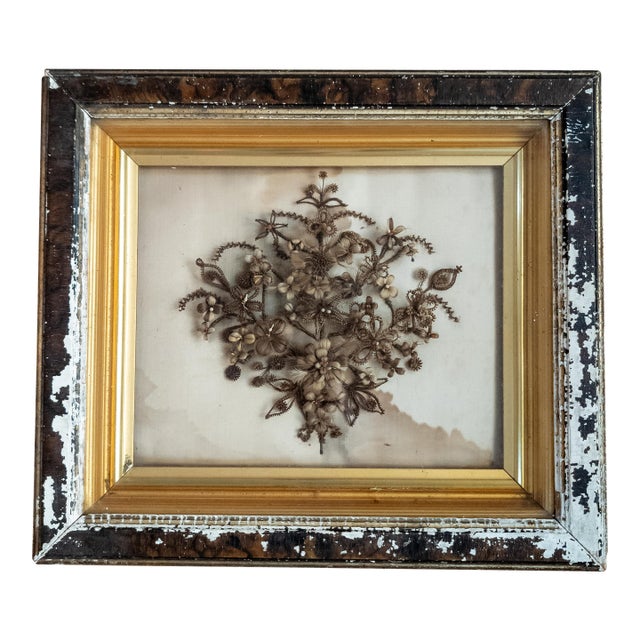 19th Century American Victorian Folk Art Mourning Hair Embroidery Floral Bouquet For Sale