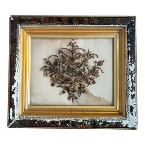 19th Century American Victorian Folk Art Mourning Hair Embroidery Floral Bouquet