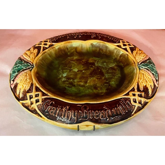 Antique 19th Century English Majolica Bread Tray - Joy & Thankfulness For Sale - Image 4 of 4