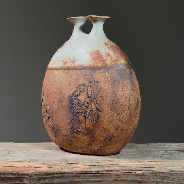 Vintage Mid-Century Double Spouted Shino Glazed Weedpot by Isabel Parks, Signed. Two tone ceramic vessel with the top...