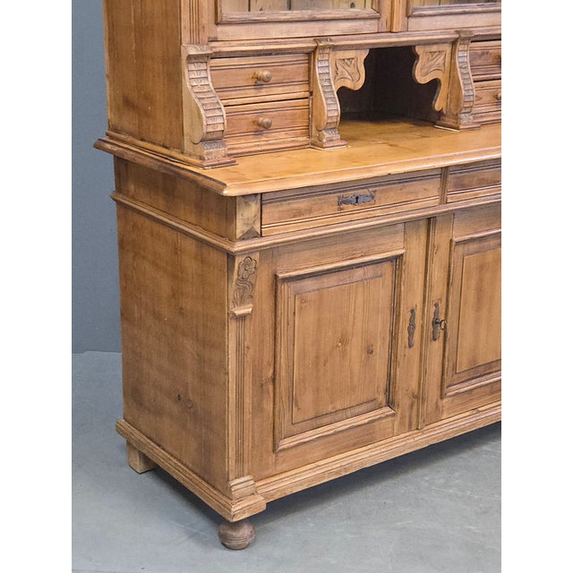 French Provincial Antique Eastern European Pine Stepback China Cabinet Sideboard Hutch For Sale - Image 3 of 18