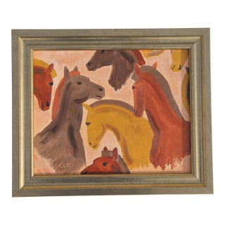 Horses Portraits Minimalism, English Traditional Burnt Orange Naples Yellow Sepia Original Oil Painting by Cleo Plowden For Sale