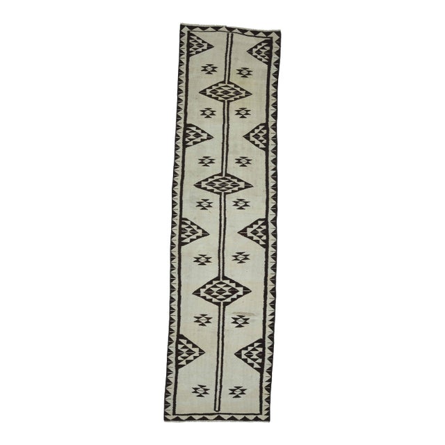 1970s Vintage Turkish Handmade Wool Cotton White Runner Rug For Sale