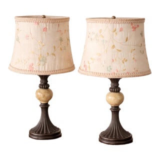 Pair of Petite Floral Embroidered Table Lamps by Collections Etc. For Sale