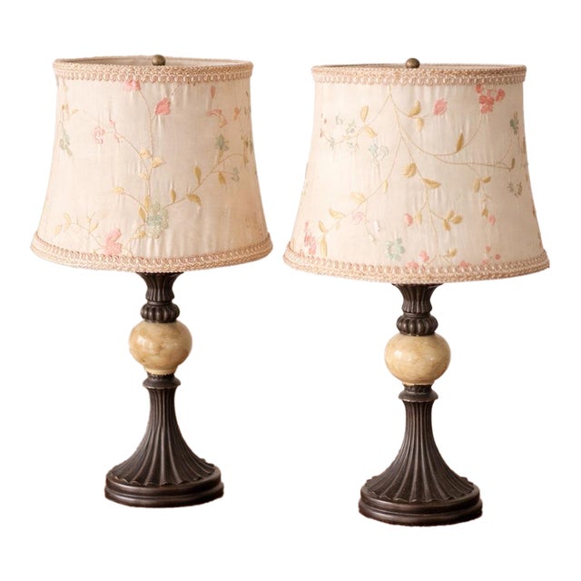 Pair of Petite Floral Embroidered Table Lamps by Collections Etc. For Sale