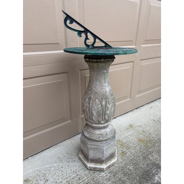Vintage English Country Classical Verdigris Iron Garden Sundial on Pedestal For Sale - Image 4 of 12