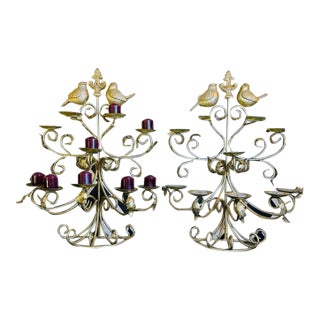 1980s Grand Hollywood Regency Gilt Bird Candelabras With Scrolling Branches, Pair For Sale