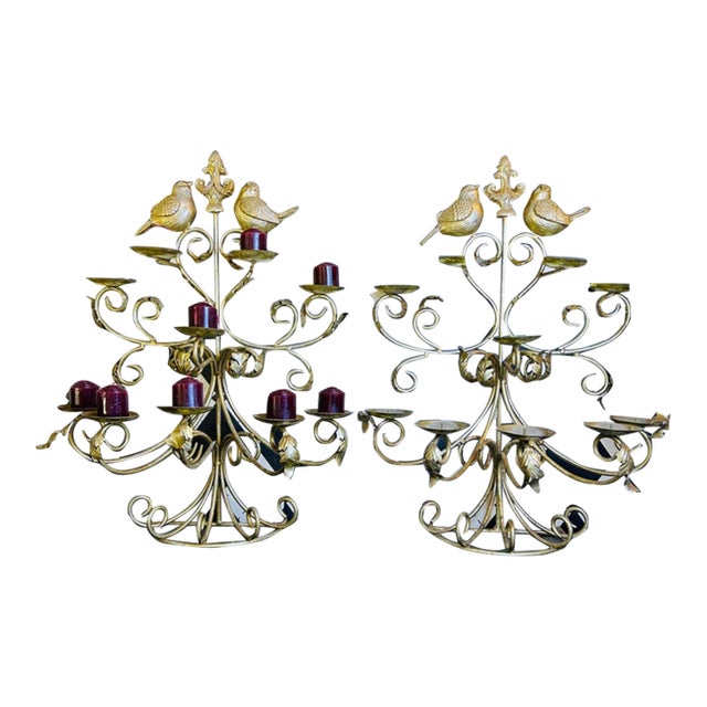 1980s Grand Hollywood Regency Gilt Bird Candelabras With Scrolling Branches, Pair For Sale