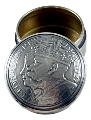 English Silver King George 5th Queen Mary Coronation Pill Box, 1910
