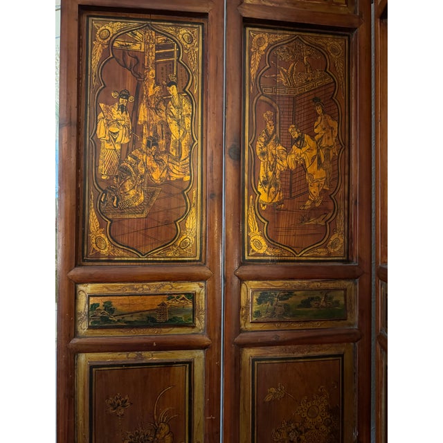 Vintage Seven Panel Chinoiserie Figural Wood Tabletop Folding Screen For Sale In Houston - Image 6 of 8