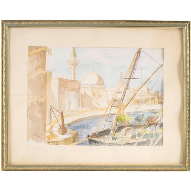 Evelyne Luez, The Port of Saint-Jean d'Acre, Watercolour on Paper, Framed For Sale