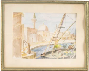 Evelyne Luez, The Port of Saint-Jean d'Acre, Watercolour on Paper, Framed
