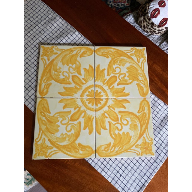 Yellow Vintage Italian Terra-Cotta Hand Painted Glazed Tiles - Set of 4 For Sale - Image 8 of 8