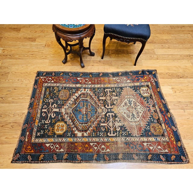 Textile Antique Caucasian Kazak Rug, Hand-Knotted Wool, Geometric Pattern, Blue & Red, 3' x 5' For Sale - Image 7 of 18
