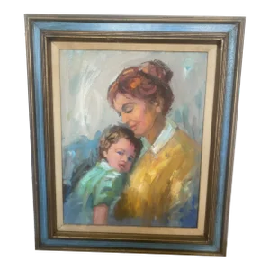 Vintage Boho Impressionist Oil Painting of Mother and Child by Florence Purdun 1986
